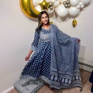 Blue flared, cotton, salwar kameez with pants and dupatta